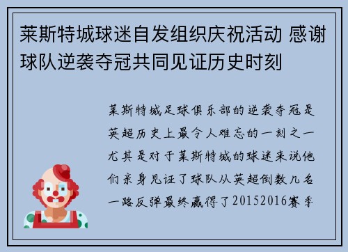 莱斯特城球迷自发组织庆祝活动 感谢球队逆袭夺冠共同见证历史时刻