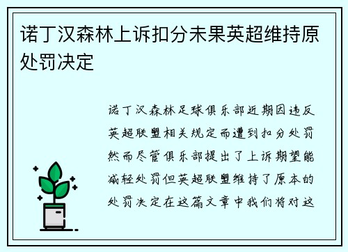 诺丁汉森林上诉扣分未果英超维持原处罚决定 诺丁汉森林上诉扣分未果英超维持原处罚决定
